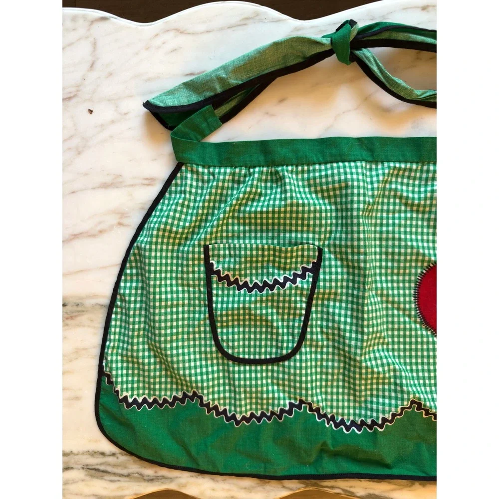 Vintage Green Gingham Half Apron Apple Cottagecore Retro Kitchen